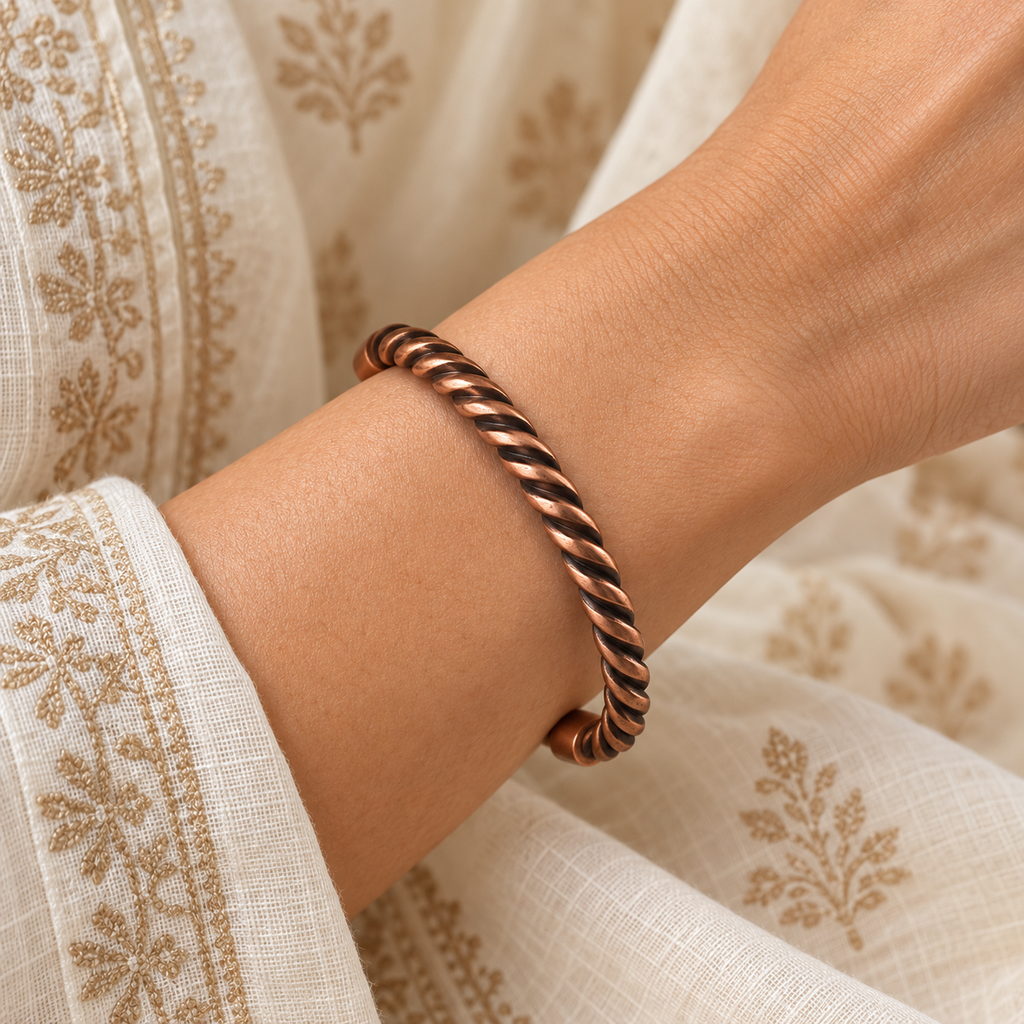 brazalete de cobre trenzado para mujer, pulsera abierta ajustable de India en Colombia