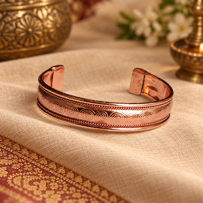brazalete de cobre importado de India, pulsera oriental ajustable, diseño de espirales