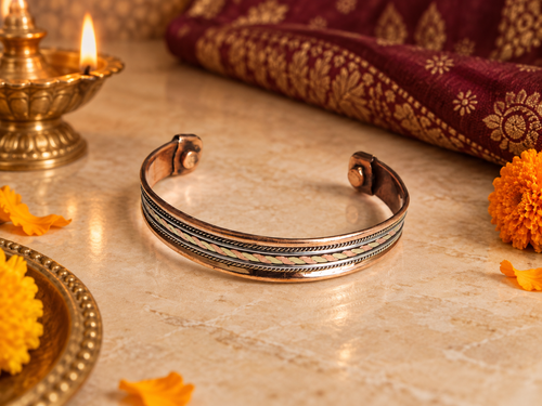 pulsera de cobre, brazalete graduable, joyería hindú y accesorio oriental