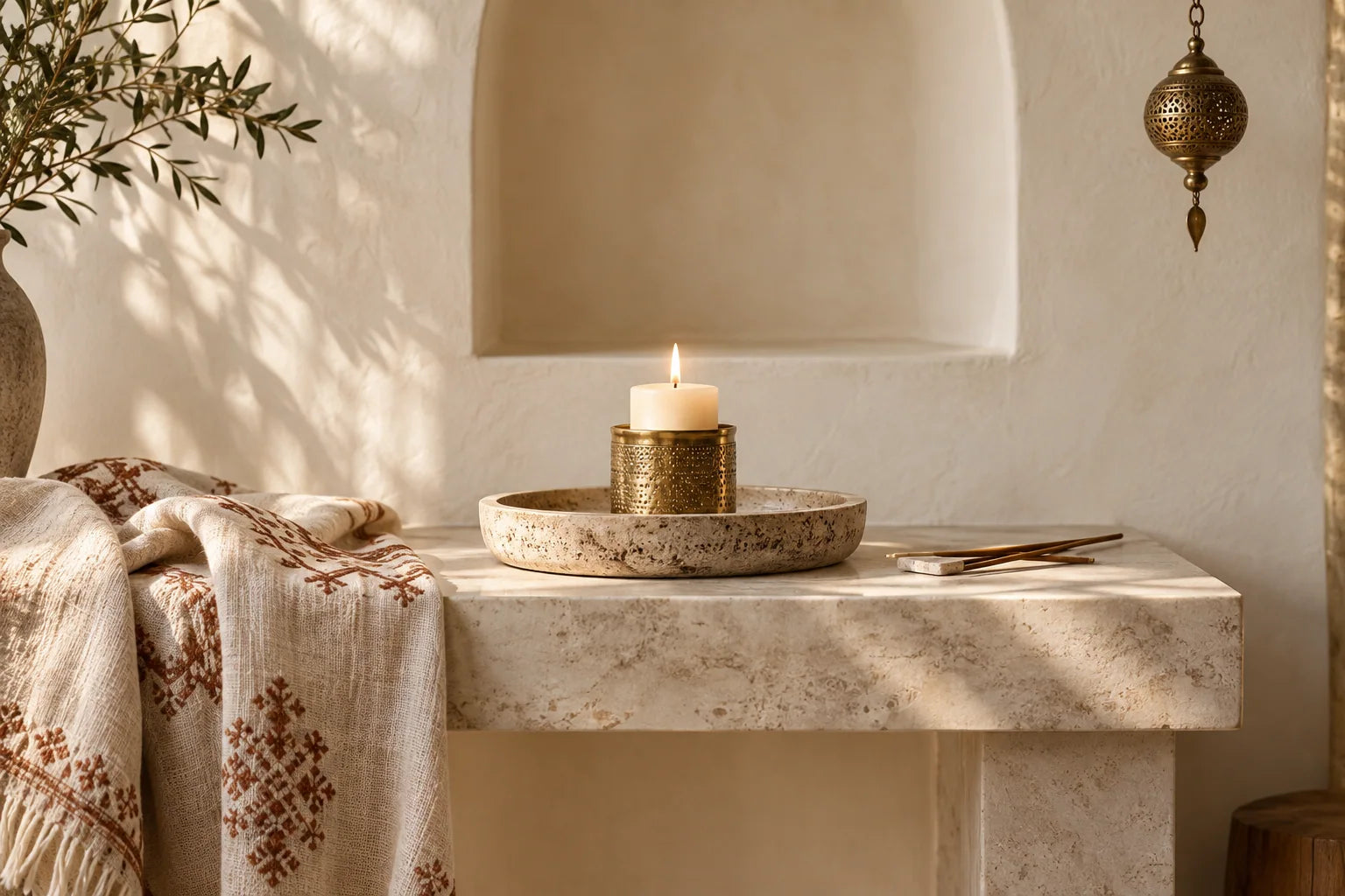 Ambientación con luz cálida, un portavela y textiles en tonos naturales